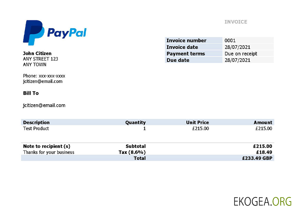 Facture PayPal aux États , Unis